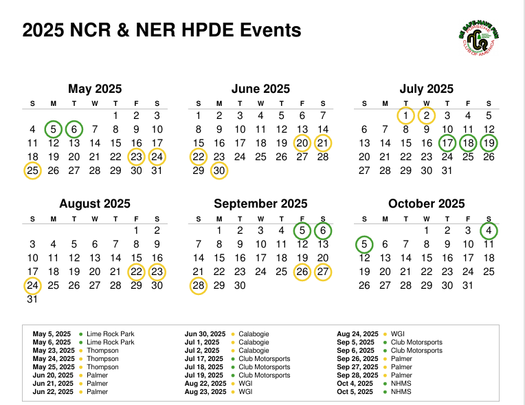 2025NCR NER HPDE Events Schedule